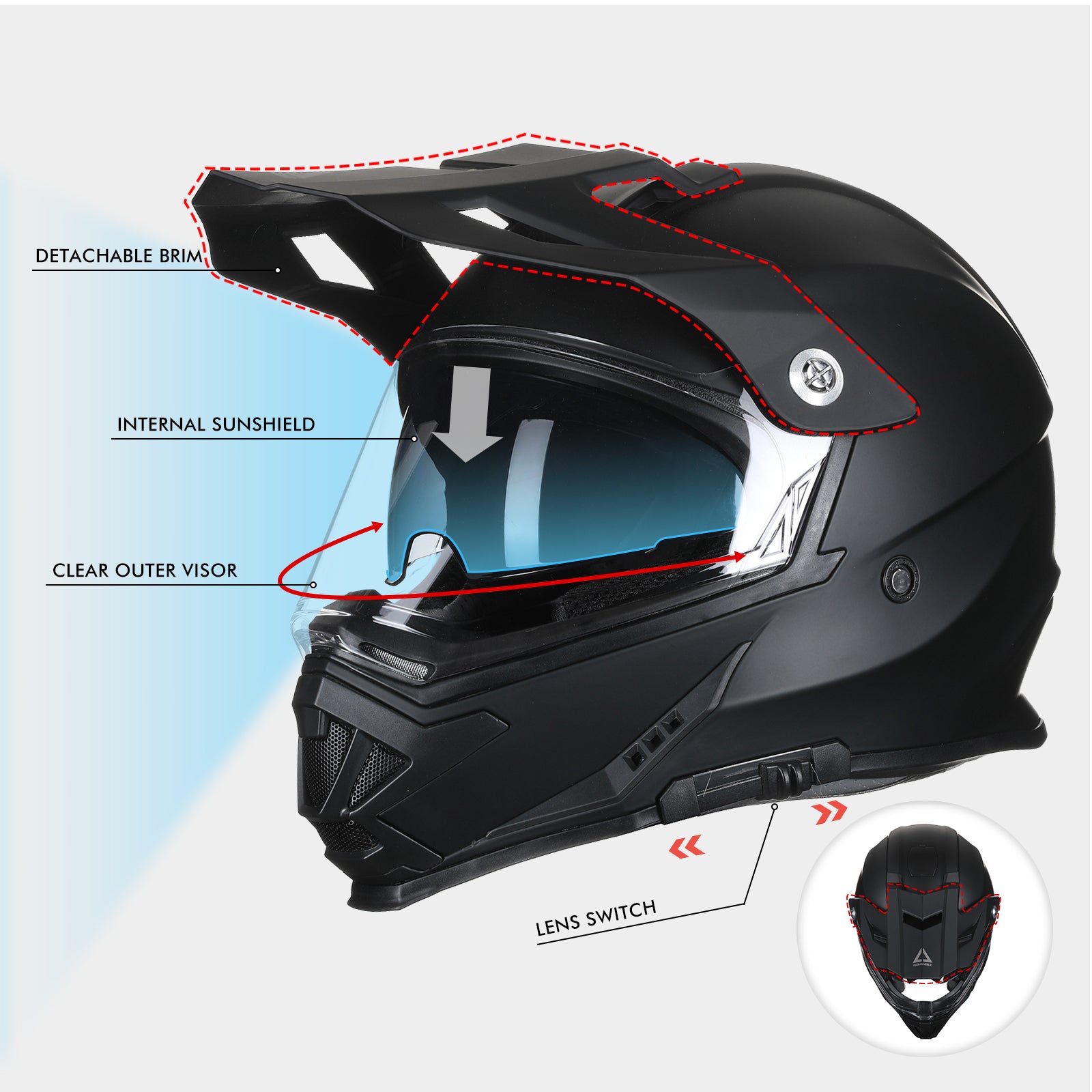 TRIANGLE Dual Sports Motorcycle Helmet Dirt Bike ATV Motocross Helmets with Tinted sunshield for Adult DOT Approved